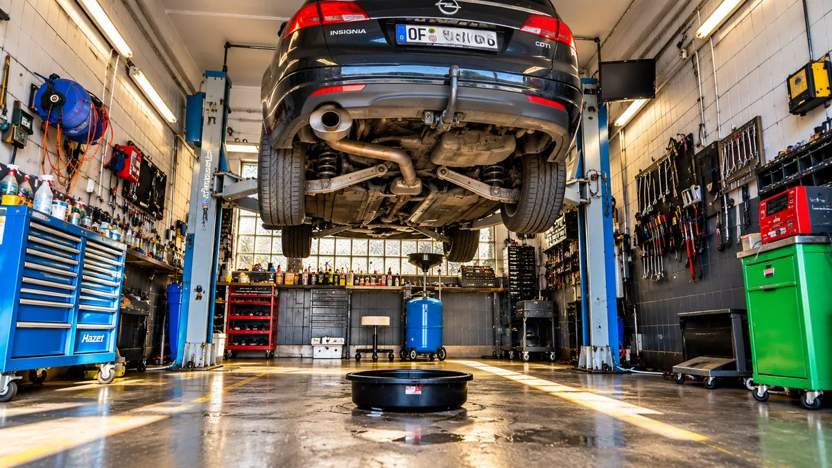 Fahrzeug auf der Hebebühne mit sichtbarem Unterboden und Werkstattausstattung